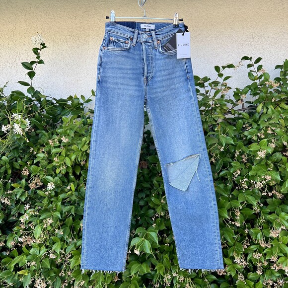 NWT Redone High Rise Stove Pipe Jeans Brisk Blue w Rips Straight Size 24 fits 25 - Picture 3 of 8